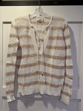 LOFT Ivory and Tan Striped V‑Neck Tie Sweater